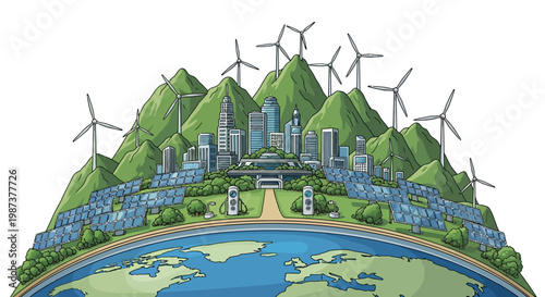 Conceptual Earth Day 2026 sustainability vector banner depicting a city powered by wind turbines and solar panels atop a green Earth, symbolizing eco-friendly living against a clean white