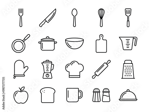 Essential kitchen utensils and cooking equipment line icons for culinary and recipe design with rollingpin culinary equipment domestic appliance household preparation restaurant breakfast