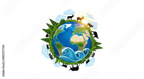 Against a clean white backdrop, an Earth Day eco banner shows the planet with stylized trees, waves, and animal silhouettes in a vector illustration that promotes sustainability for Earth