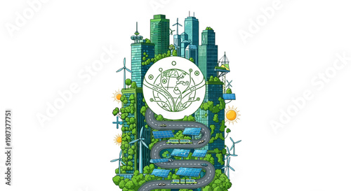 A vector illustration promoting Earth Day 2026 and sustainability, featuring intertwined hands cradling a globe amidst a green city with wind turbines, solar panels, and stylized buildings