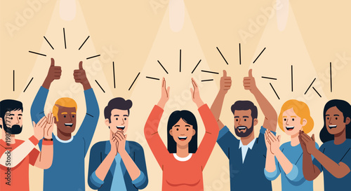 Diverse group of people cheering and celebrating with raised hands