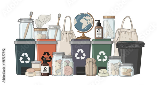 An Earth Day 2026 vector illustration promoting sustainability, featuring assorted reusable containers and recycling bins arranged against a clean white background with a bright