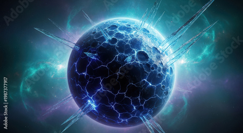 Frozen Planet with Ice Spikes and Energy Fields Abstract Representation of a Cold and Distant World Cosmic Landscape with Crystalline Formations