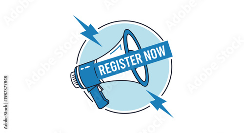 A blue megaphone with a register now banner on a light blue circle
