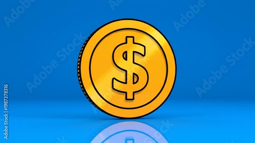Rotating animated gold coin with dollar sign isolated on a blue studio background illustrating money and finance themes