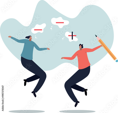 Think positive mindset, optimistic attitude to success in work, mentor to motivate employee for positivity.human life and situation.