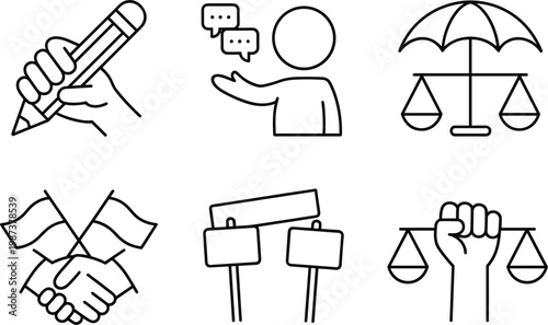 Human rights and social justice icons protest equality speech law outline vector illustration set