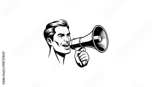 A man speaking loudly through a vintage megaphone illustration