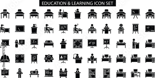 Education and Learning Classroom Icon Set School Teaching Students Training Study Solid Vector Collection