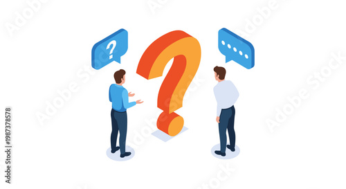 Two men discussing a large question mark with speech bubbles