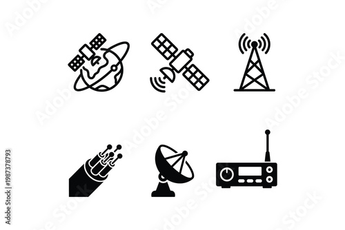 Telecommunications Glyph Icons Set Black Silhouette Collection - Satellite Communication Solid Black Icons Globe Signal Tower Fiber Optic Dish Radio