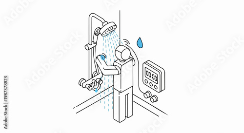 Sustainable Living Isometric Illustration: Person Taking a Shower with Water-Saving Timer for Eco-Friendly Habit Concept