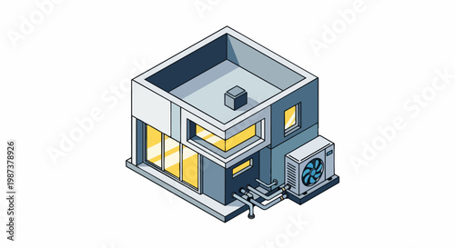 Modern Isometric House Illustration with HVAC Air Conditioning System and Outdoor Unit