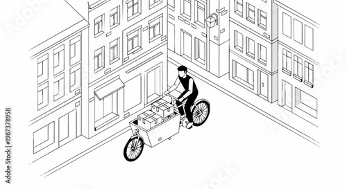 Isometric Line Art Illustration of a Courier Delivering Packages on a Cargo Bike through a Minimalist City Street