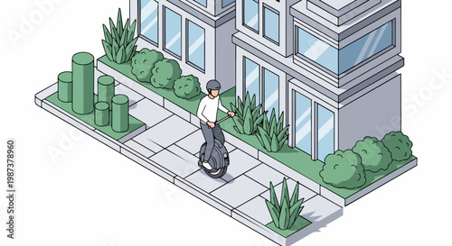 Isometric Illustration of a Man Riding an Electric Unicycle (EUC) on a City Sidewalk for Sustainable Urban Commuting
