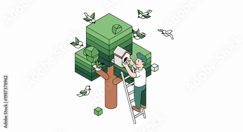 Isometric Illustration of a Man Hanging a Birdhouse on a Geometric Green Tree for Nature Conservation