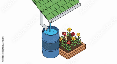 Rainwater Harvesting System Illustration for Sustainable Gardening with Water Barrel and Flower Bed