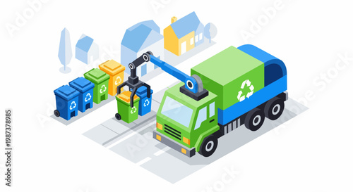 Isometric Recycling Garbage Truck with Robotic Arm Collecting Waste Bins in a Suburban Neighborhood