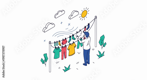 Isometric Illustration of a Man Hanging Laundry on a Clothesline in the Sun – Eco-Friendly Housework and Sustainability Concept