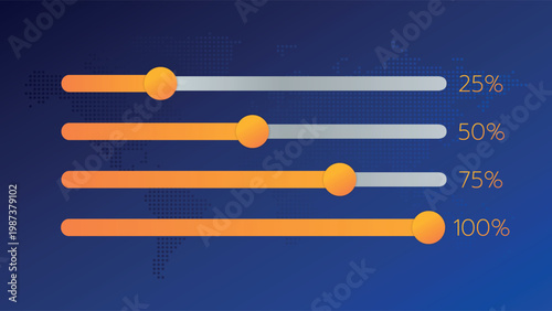 25 50 75 100 percent charts. Vector yellow gradient symbols. Percentage infographic elements for business, finance, progress, download. Dotted world map background