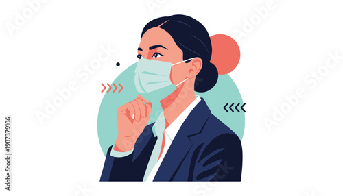 A woman wearing a face mask and a blue business suit