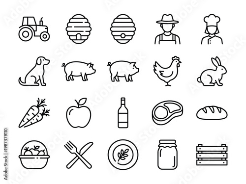 Comprehensive set of agriculture farming and organic food vector line icons featuring livestock crops and culinary elements agriculture livestock gardening industry restaurant