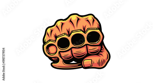 Cartoon illustration of a clenched fist wearing brass knuckles isolated on white background