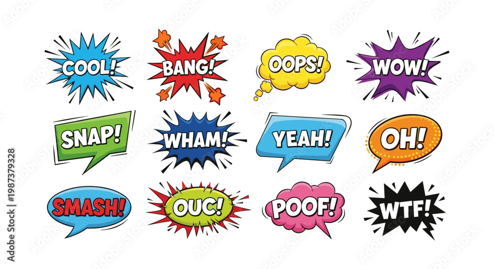 Obraz premium Collection of colorful comic book speech bubbles isolated on white background