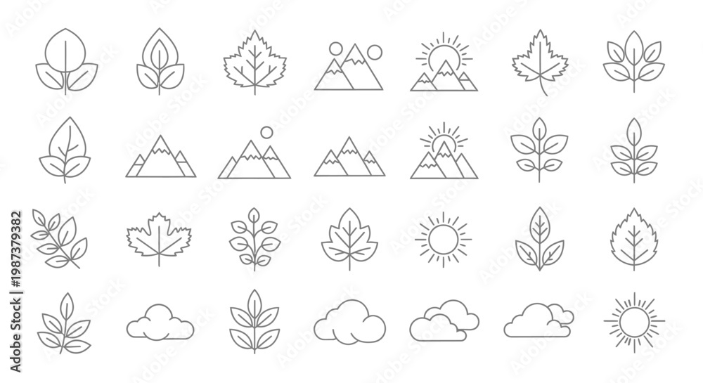 Naklejka premium Nature and Environment Line Icons Set. Thin Outline Vector Collection of Leaves, Mountains, Sun, and Clouds. Ecology Graphic Elements.