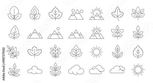 Nature and Environment Line Icons Set. Thin Outline Vector Collection of Leaves, Mountains, Sun, and Clouds. Ecology Graphic Elements.