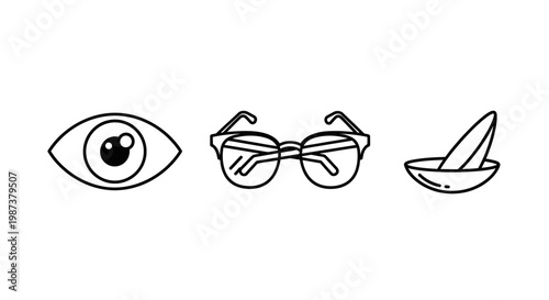 Vision Care and Ophthalmology Line Art Icons. Set of human eye, eyeglasses, and contact lens symbols for optometry.