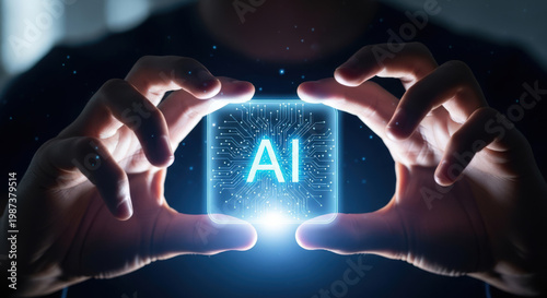 Futuristic AI Technology Concept with Glowing Circuit Board and the Letters AI Held in Human Hands Symbolizing Innovation and the Future of Artificial Intelligence