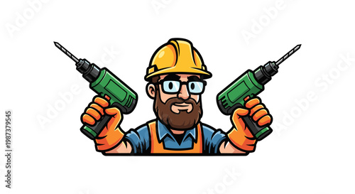 Cartoon worker with two green drills isolated on white background