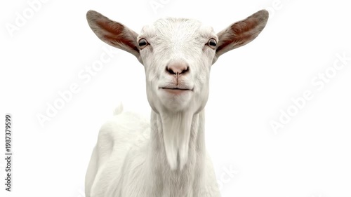 Close-up of a white goat with a gentle smile on a white background