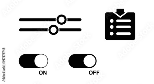 User Interface Controls Icons Set: Sliders, Toggle Switches ON/OFF, and Checklist Menu for Settings & Options