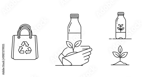 Eco-Friendly Recycling and Sustainability Line Icons Set: Green Environment, Renewable Energy, Plant Growth, Reusable Bag, Bottle