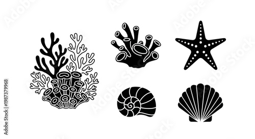 Black silhouette vector icons of diverse marine life, featuring coral, sea anemones, starfish, and seashells for ocean themes.