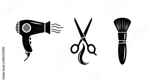 Hairdresser and Beauty Tools Icons Set. Professional Hair Styling Scissors, Hair Dryer, and Cosmetic Brush Silhouettes.
