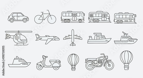 Collection of diverse transportation line art icons. Outline vector vehicles for travel, mobility, and journey, including cars, planes, boats, bikes.