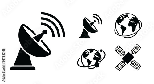 Satellite Dish and Global Communication Icons Set. Wireless Network, Broadcast, Internet, Telecommunication Technology Vector.
