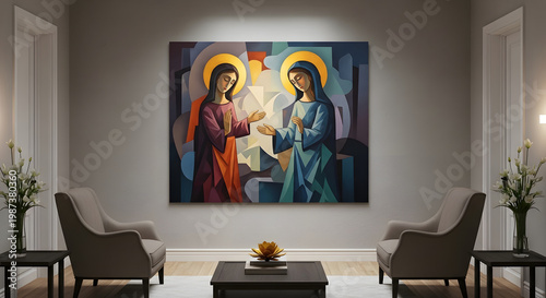 Modern living room interior featuring large abstract religious painting on wall