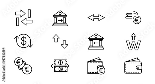 Financial transaction, money exchange, and banking outline icons set. Currency transfer, payment, wallet, and investment symbols.