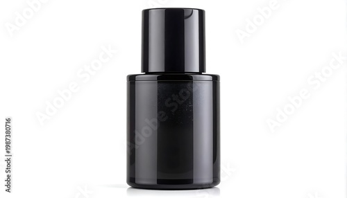Sleek, cylindrical bottle with a pump-top dispenser, rendered in glossy black. Stands against a clean white backdrop, with soft shadows