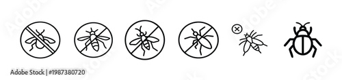 Pest control and insect defense web line icons set featuring no mosquito stop fly sign anti cockroach symbol wasp protection and beetle life cycle and more Vector Illustration with editable stroke