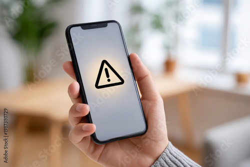 Hand holding smartphone displaying warning alert triangle icon on screen, mobile security notification concept in modern office environment