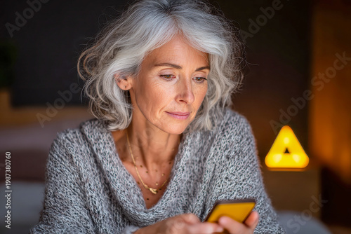 Senior woman holding smartphone with glowing yellow warning triangle. Cybersecurity threat, scam alert, and online safety concept for elderly users.