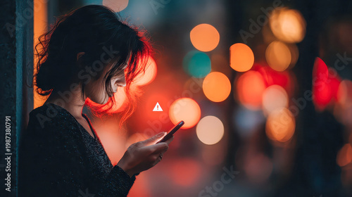 Woman using smartphone with warning alert icon at night city. Mobile cybersecurity threat notification with urban bokeh lights background.