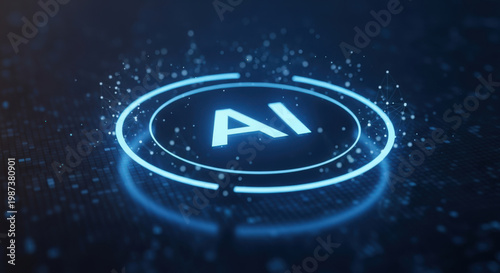 Futuristic Artificial Intelligence Interface with Glowing AI Text Surrounded by Circular Lines and Particles on a Dark Background for Advanced Technology