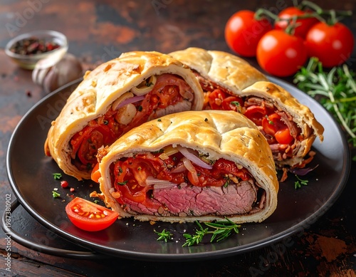 Sliced pastry-wrapped entree, revealing colorful filling. Tomatoes, herbs, and garlic garnish a dark plate