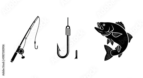 Sport Fishing Gear Icons: Rod, Hook, and Jumping Fish Silhouettes. Angling Equipment Vector Graphic for Hobby and Outdoors.